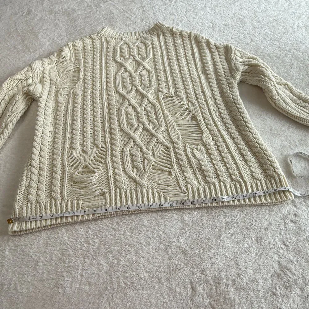 Revolve JOA Distressed Cable Knit Sweater Womens S Cream Oversized Pullover Edgy